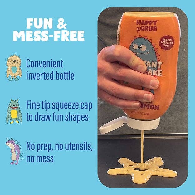 Hand holding inverted bottle of Happy Grub pancake mix with cap open, batter pouring out, next to text promoting product features
