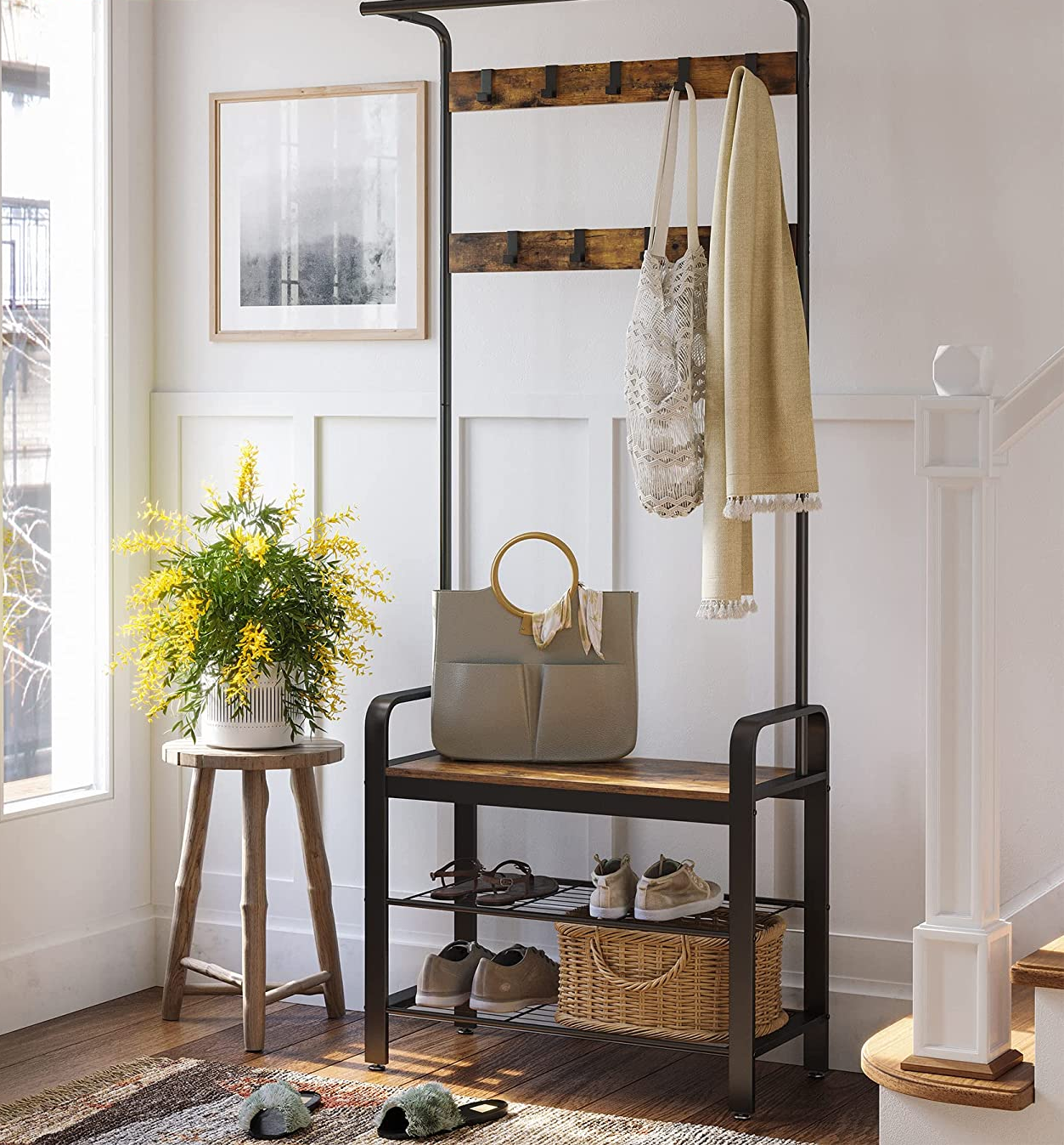 the coat and shoes storage rack in an entryway