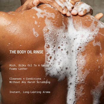 Person utilizing a foamy assemblage  lipid  rinse successful  a shower. Text promotes cleansing and conditioning benefits without harsh scrubbing, positive  a long-lasting aroma