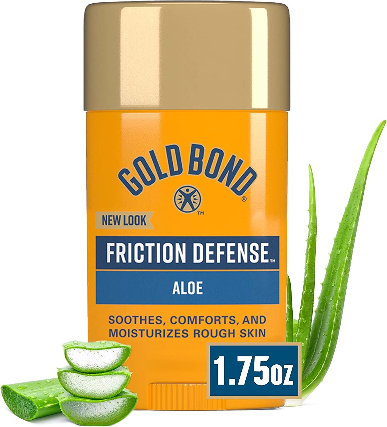 the Gold Bond friction defense stick next to pieces of aloe