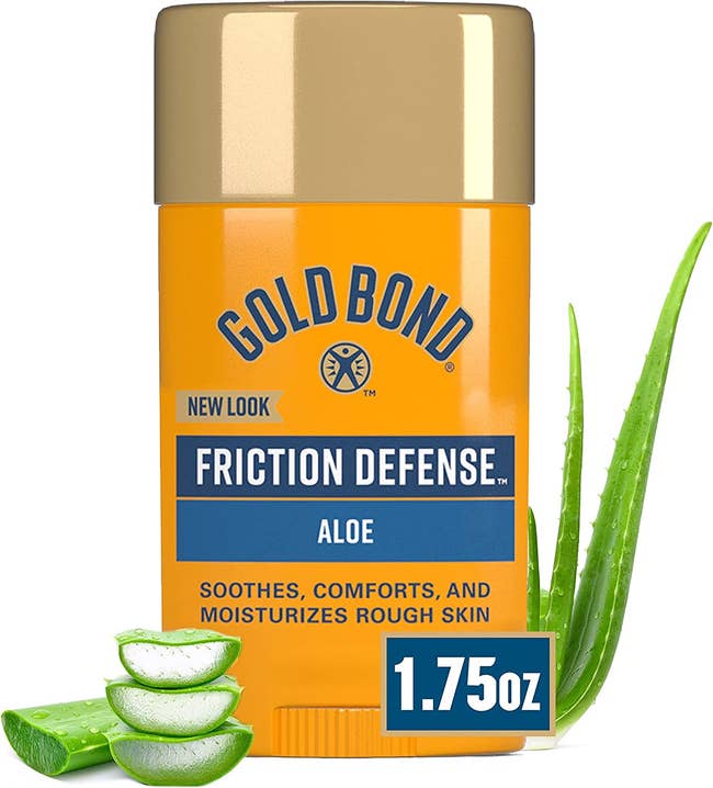 the Gold Bond friction defense stick next to pieces of aloe 
