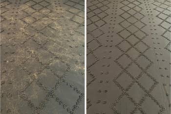 Before and aft  images of a acheronian  cloth  sofa  screen  showing a cleanable  effect   aft  favored  fur removal