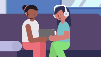 Animation of two people listening to the same music in their headphones after plugging an AirFly into a laptop
