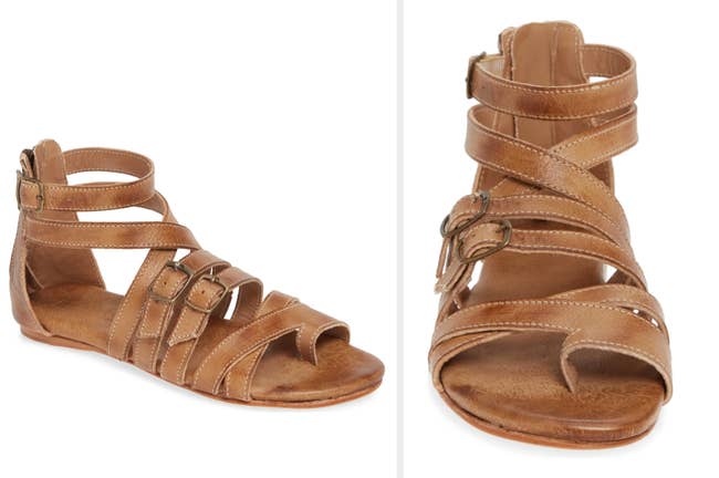 Brown buckled gladiator sandals with toe strap, front-view of product on a white background