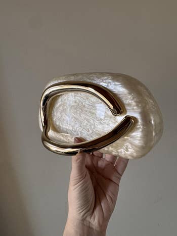 Person holding an elegant, translucent clutch purse with sleek golden handles