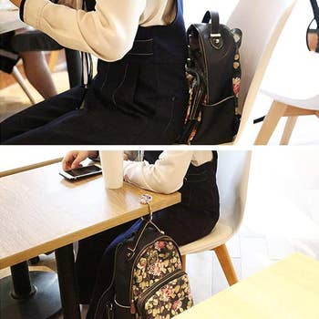 A idiosyncratic   sits astatine  a array  with a floral backpack hanging from a hook connected  the array  edge, showcasing a hands-free container  solution