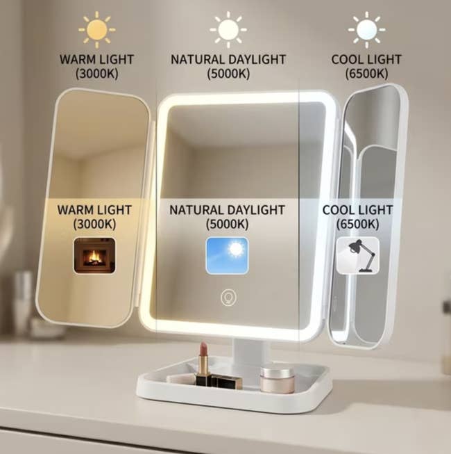 lukewarm (3000K), earthy daylight (5000K), and chill (6500K), shown connected a dressing table