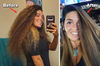 Reviewer image of curly thick hair before and after using straightener