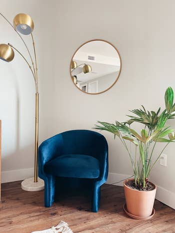 blue chair in corner of BuzzFeed writer Kayla's apartment