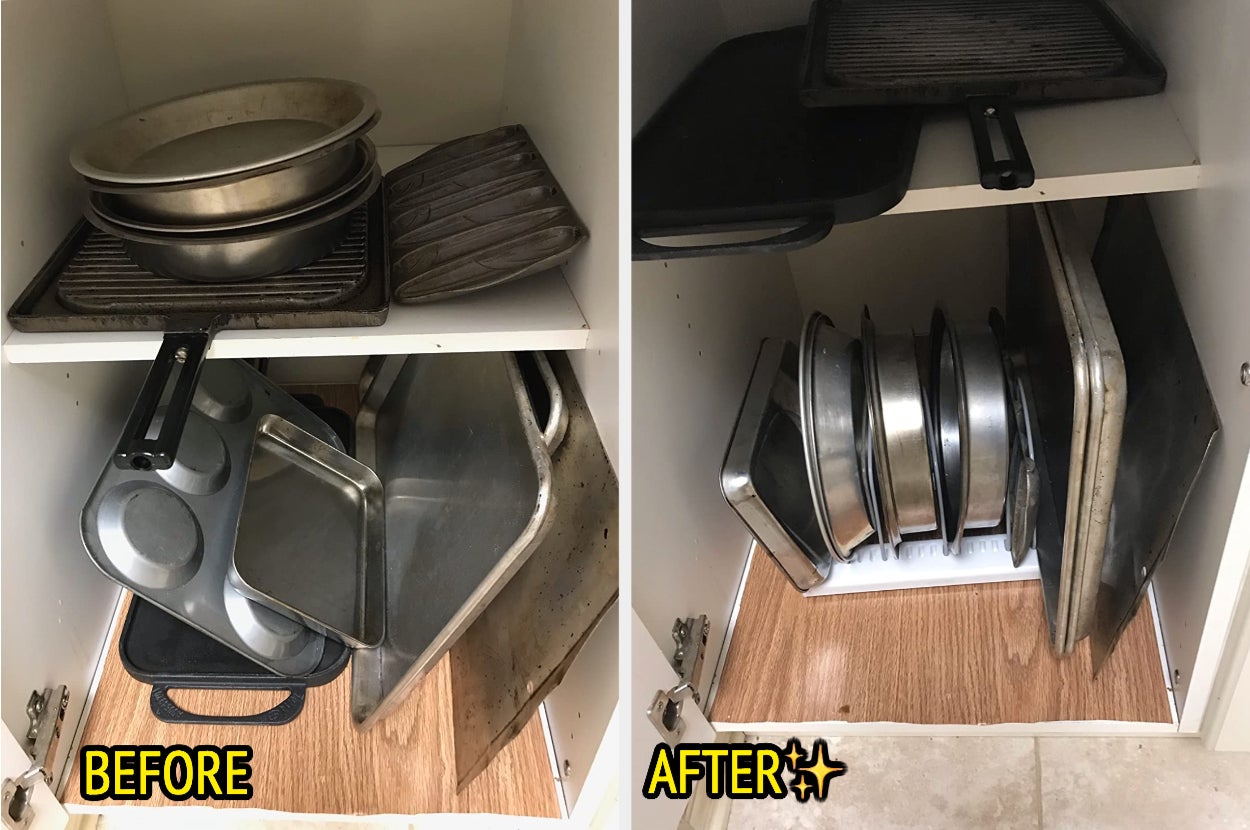 Reviewer's unorganized cabinet before using pots and pans holder and reviewer's organized cabinet after using pots and pans holder