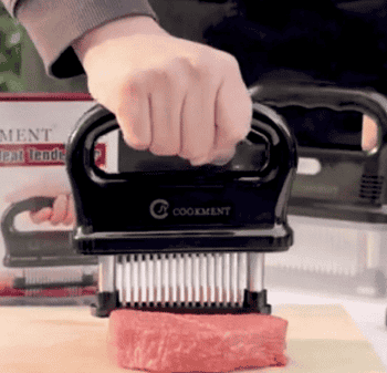gif of someone using the meat tenderizer to puncture a steak