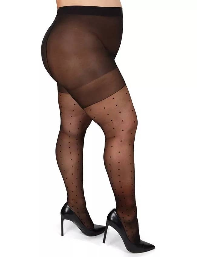 model with sheer tights with swiss dots pattern on it 
