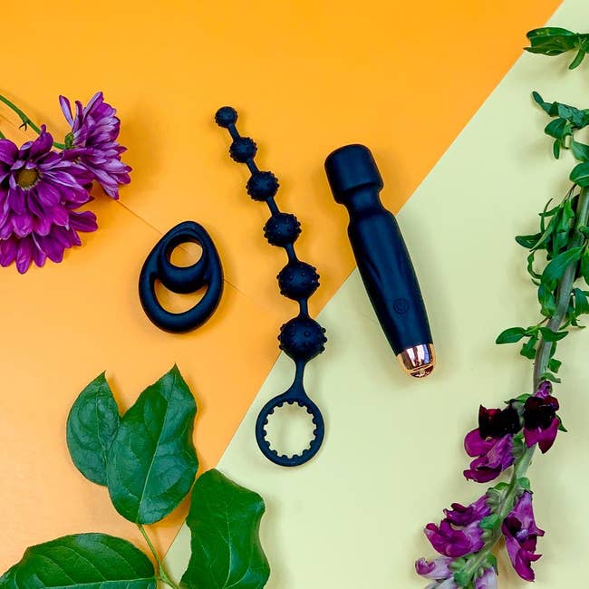 Black dual cock ring, black textured anal beads and black miniature wand vibrator