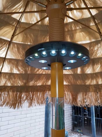 a reviewer's representation  of a clip connected  umbrella light