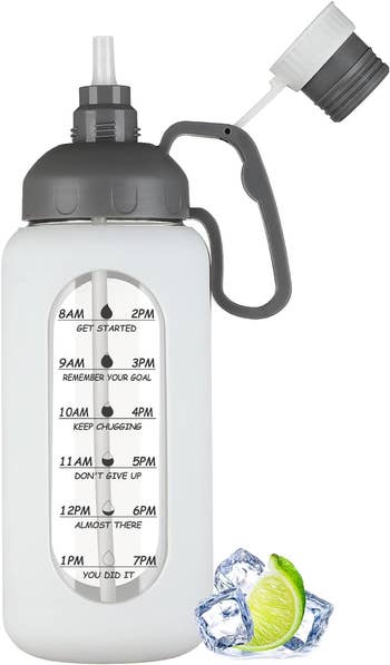 the water bottle with time stamps on the side and a removable straw