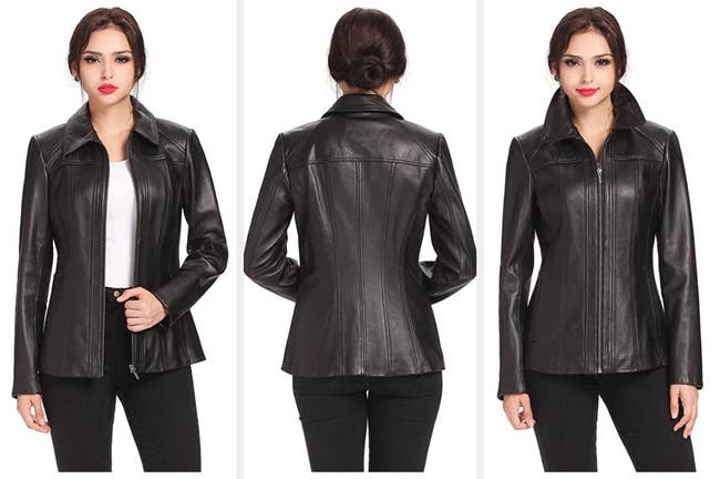 Three images of a model wearing the jacket