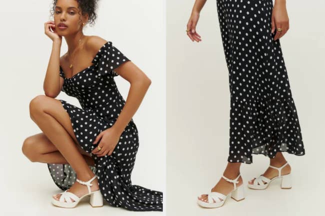 Two images of a model wearing a black and white polka dot dress and white sandals