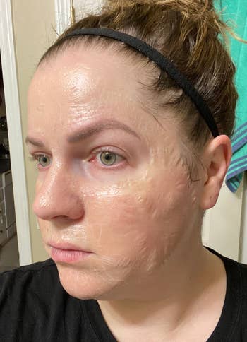 reviewer wearing zombie mask giving appearance skin is peeling off
