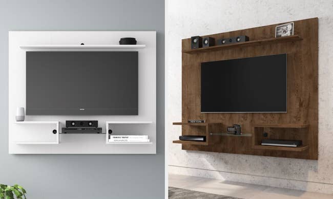 Two images of the white TV stand and brown TV stand