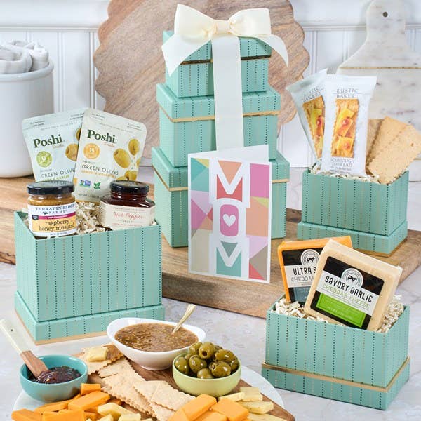Gift container acceptable with snacks similar olives, crackers, and cheese, positive a