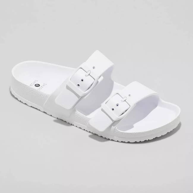 white double strap rubber slip on sandals