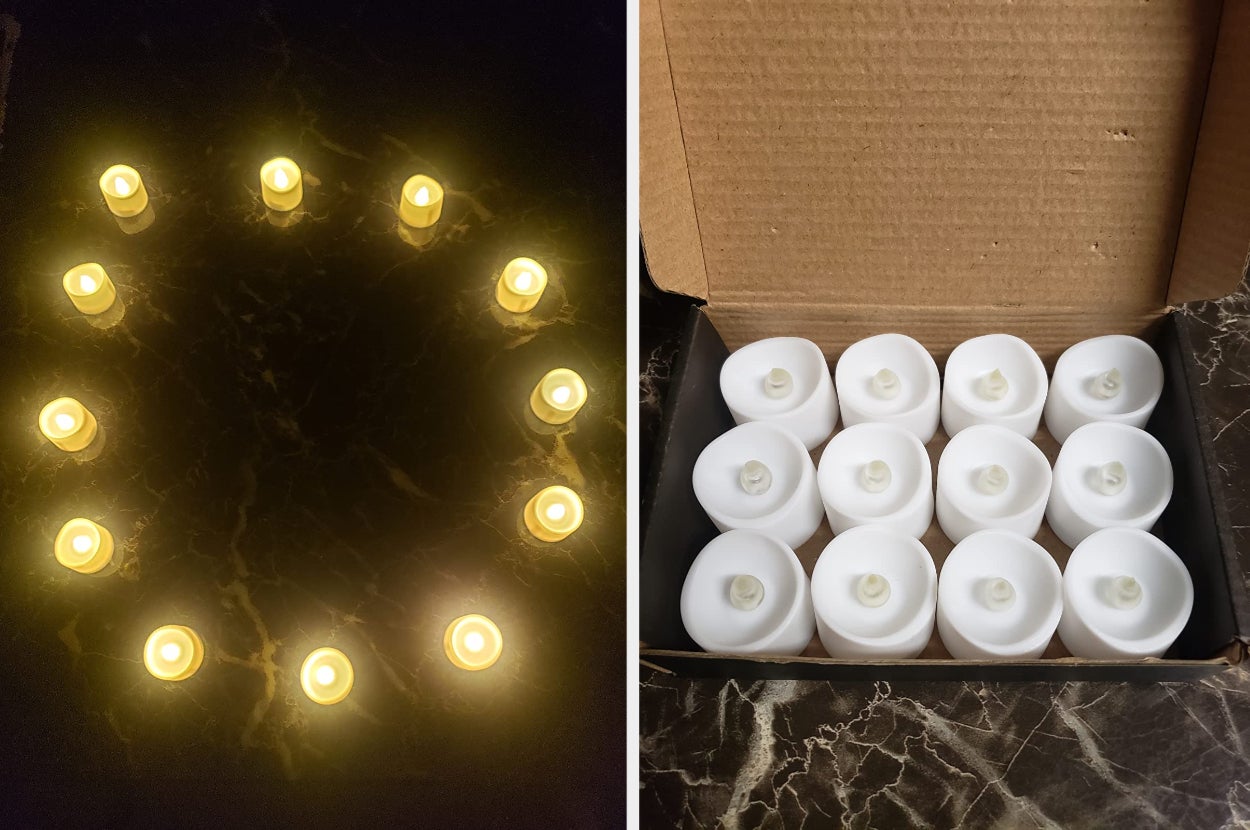 Reviewer image of 12 flameless tea lights in a circle on a black counter turned on, products in a box on top of counter turned off