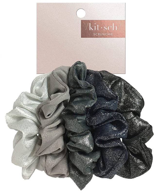 set of gray and black metallic scrunchies