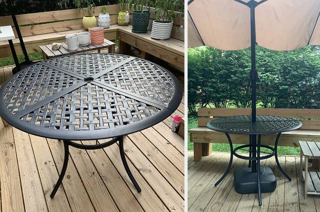 Reviewer image of a round black wrought iron table on a wooden porch