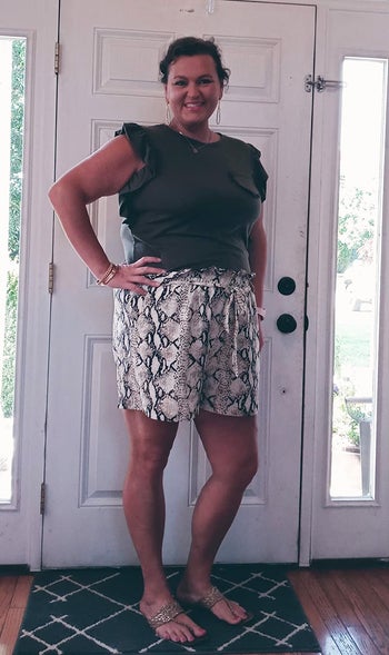reviewer in the snake print shorts