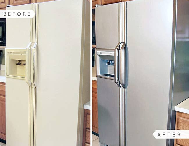 a before and after photo of a white, dated fridge that has been transformed to a shiny stianless steel fridge