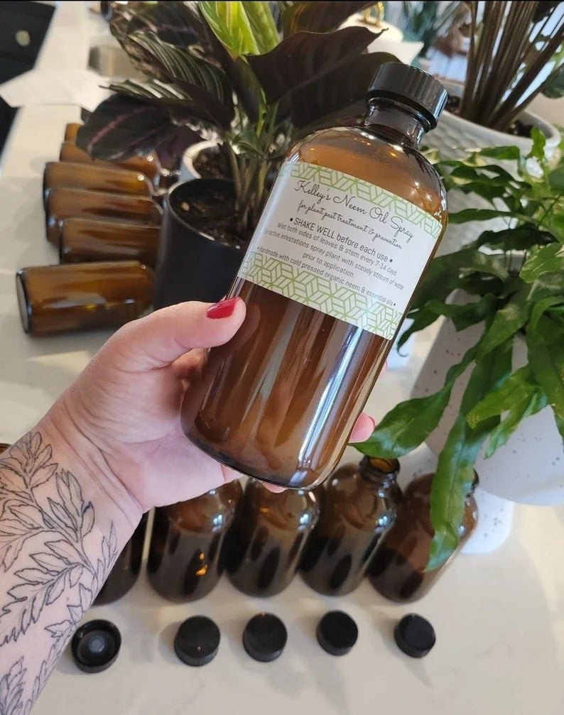 person holding the spray bottle of neem oil next to a plant