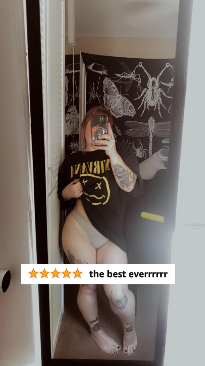 A reviewer in a beige thong with five star review text
