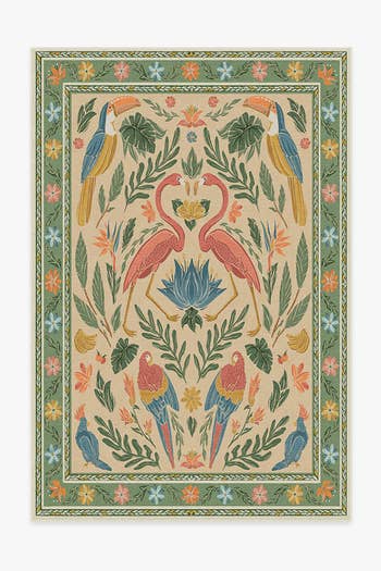 birds of a feather area rug in green and peach