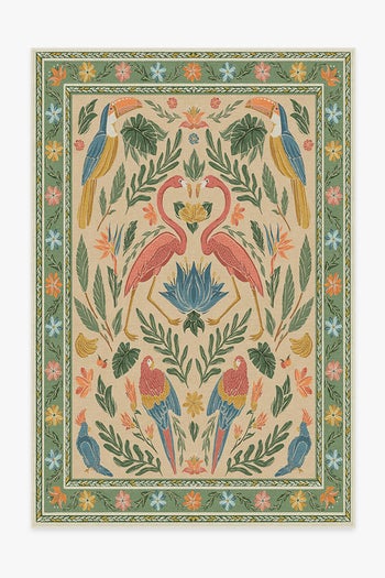 birds of a feather area rug in green and peach