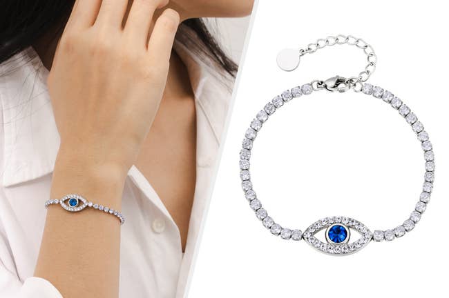 Two images of the silver and blue bracelet