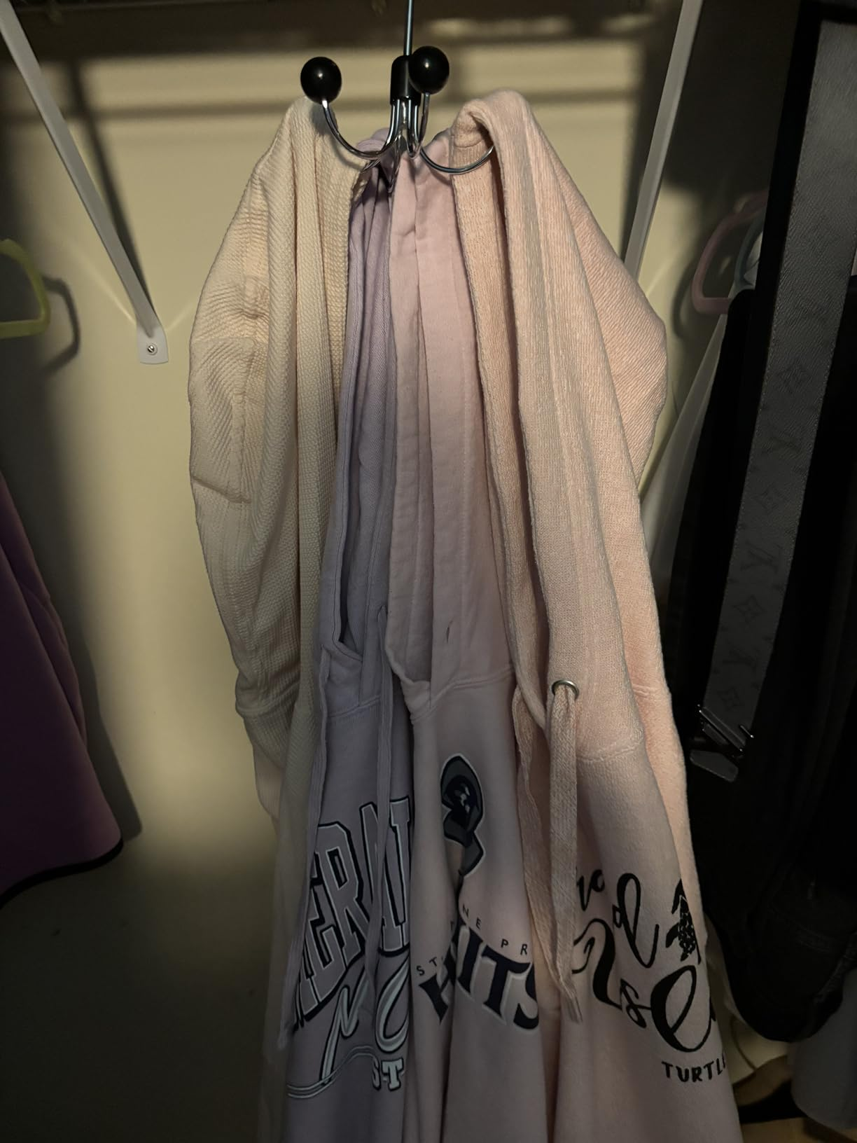 Hoodies of assorted  styles hanging successful  a closet, showcasing antithetic  graphic designs connected  the front