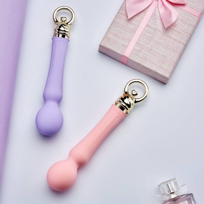 Pink and purple wand vibrator with goldtone base