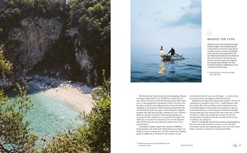 two pages inside of the book picturing a secluded beach and a person on a boat