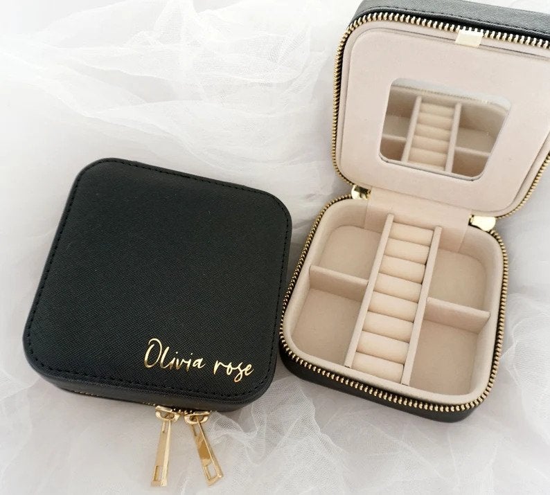 personalized travel jewelry box in black, showing both open and closed view