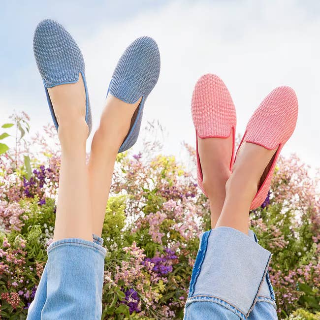 two models wearing the birdies woven flats in light blue and bright pink, respectively