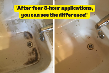 Reviewer before and after pic of their tub after using the spray