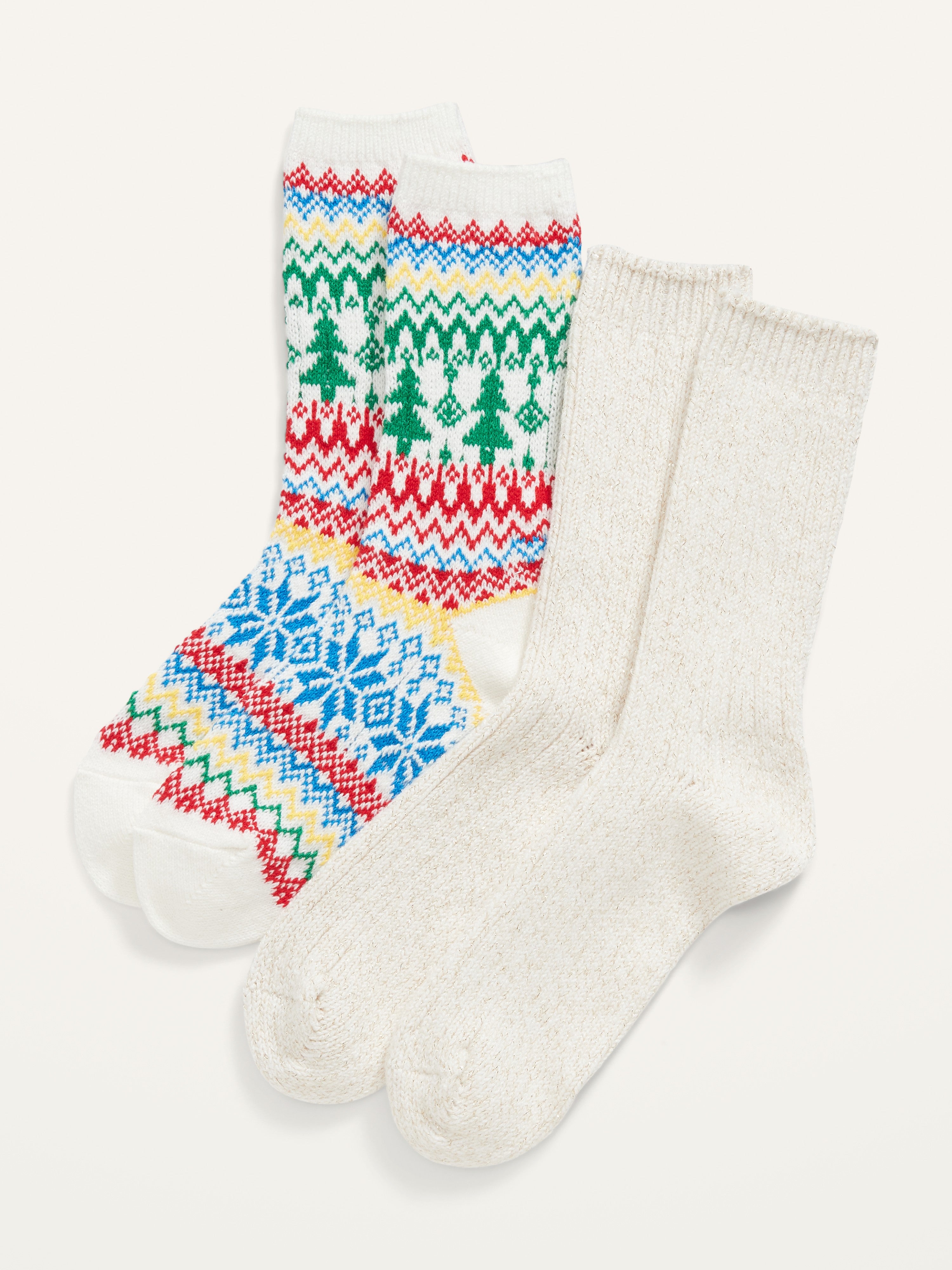 White socks and colorful Christmas-patterned socks
