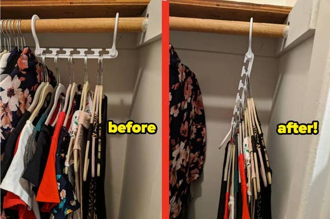 Reviewer's clothes hanging on the wonder hanger, before taking up room in their closet, and after compressed and space saving