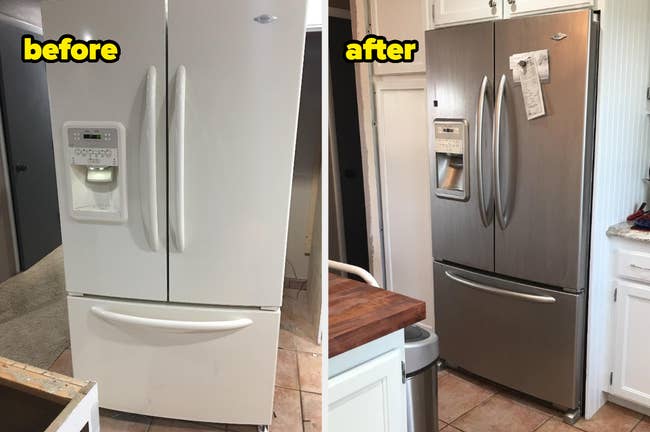 A side-by-side comparison of a kitchen's refrigerator, before and after painting to be stainless steel