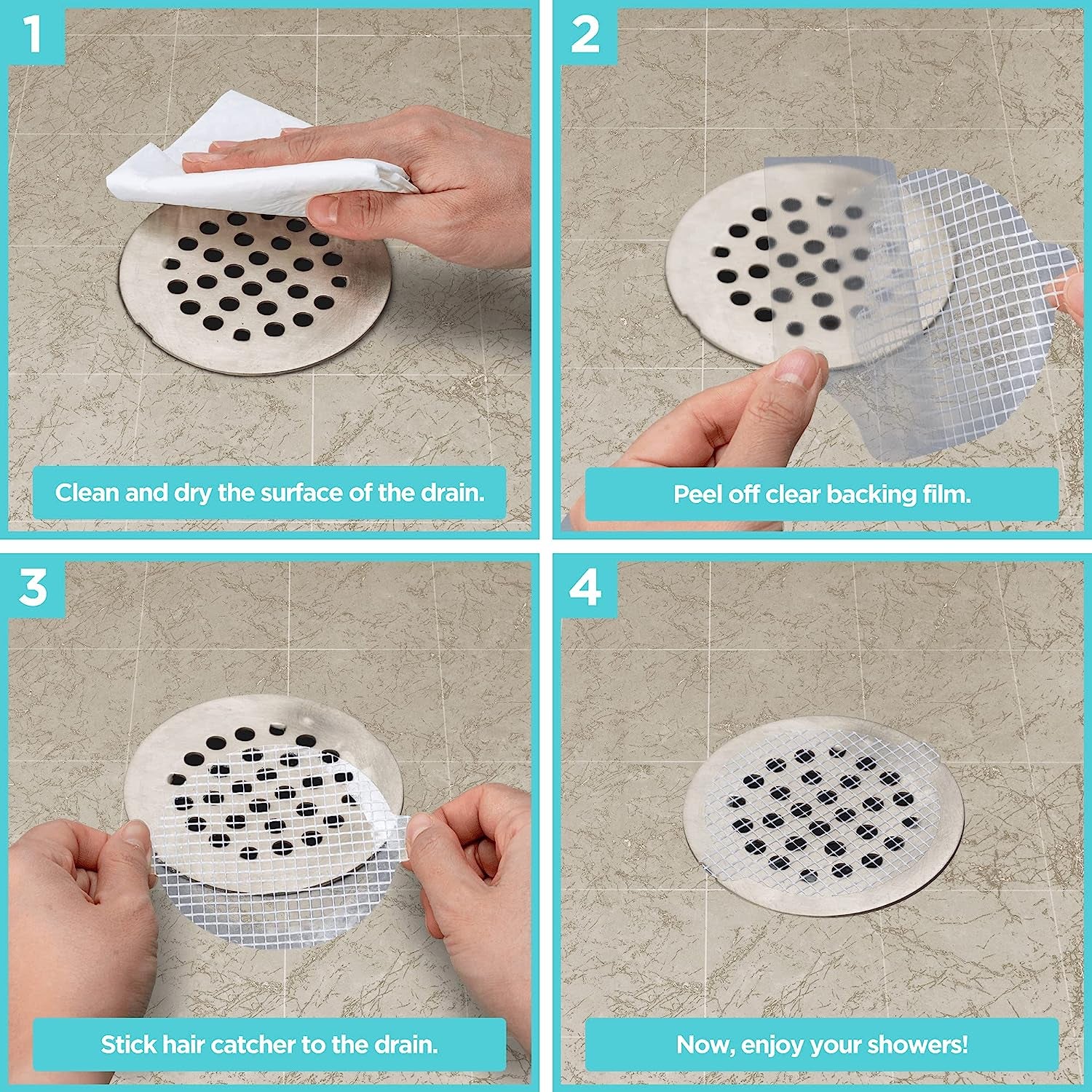 series of photos showing how to install the hair catcher