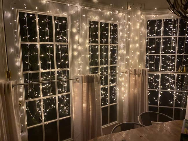 string lights hung in front of windows