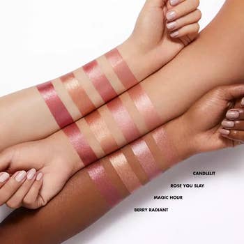 the four shades of blush swatched on three different models with various skin tones
