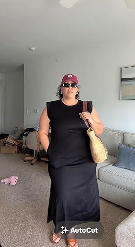 Person wearing a sleeveless achromatic  formal  and cap, holding a straw bag, lasting  successful  a surviving  room