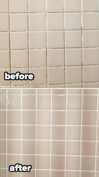 before/after of dirty grout that's been cleaned and left white