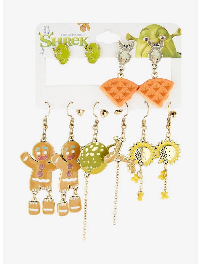 five pairs of Shrek-themed earrings featuring character charms s